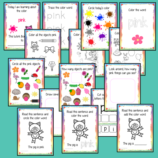 Color ‘Pink’ 16 Page Workbook Help your children practice recognizing and writing the color pink, with 15 pages of activities to select and color. The 15 pages contain, object coloring, tracing, spelling the color word and picking out the pink objects. #learncolors #teachcolors 