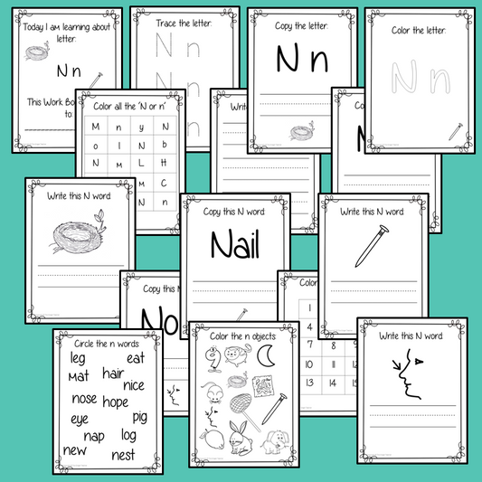 Alphabet Book Letter N    Help your children practice recognizing and using N, with 15 pages of activities.     The 15 pages contain, copying, tracing, writing, coloring, reading and spotting the letter and sound N      