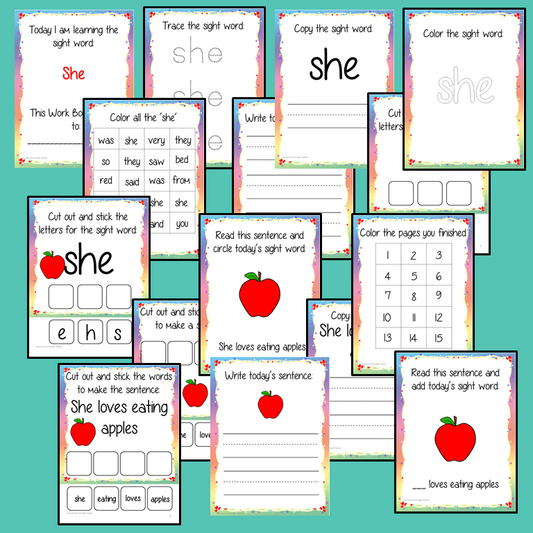 Sight Word ‘She’ 15 Page Workbook Help your children practice their sight words with 15 pages of activities to spell and use the sight word ‘She’ in sentences.     The 15 pages contain, handwriting practice, tracing and spelling the word and sentence reading and construction.   