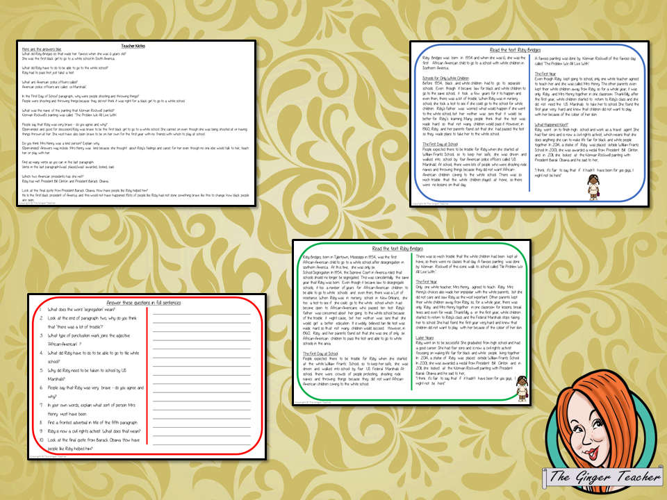 Ruby Bridges Reading Comprehension Cards  Differentiated reading comprehension cards. Three levels of texts and questions to help children with reading comprehension. This text is on Ruby Bridges and has questions to help children understand and draw meaning from the text.