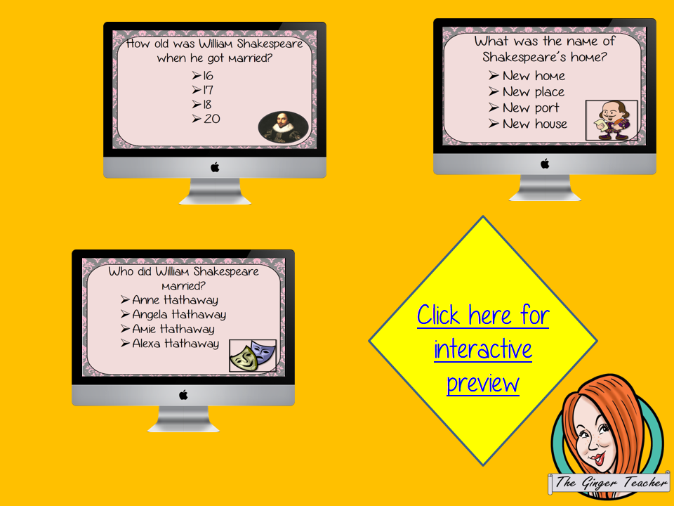William Shakespeare Revision Questions  This deck revises children’s knowledge of William Shakespeare. There are multiple choice revision questions to check children’s understanding. These question cards are self-grading and lots of fun!