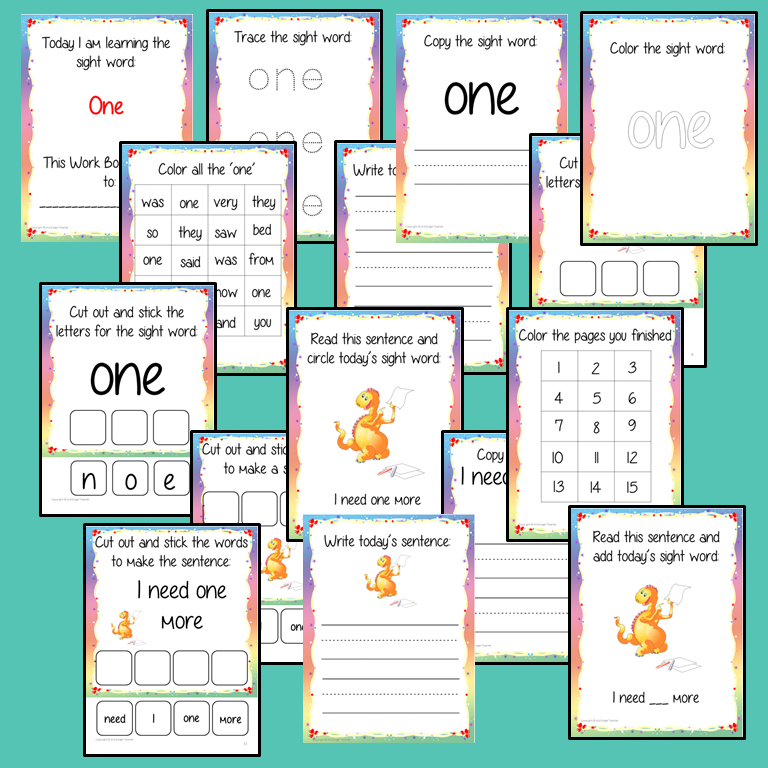 Sight Word ‘One’ 15 Page Workbook Help your children practice their sight words with 15 pages of activities to spell and use the sight word ‘One’ in sentences.     The 15 pages contain, handwriting practice, tracing and spelling the word and sentence reading and construction.   