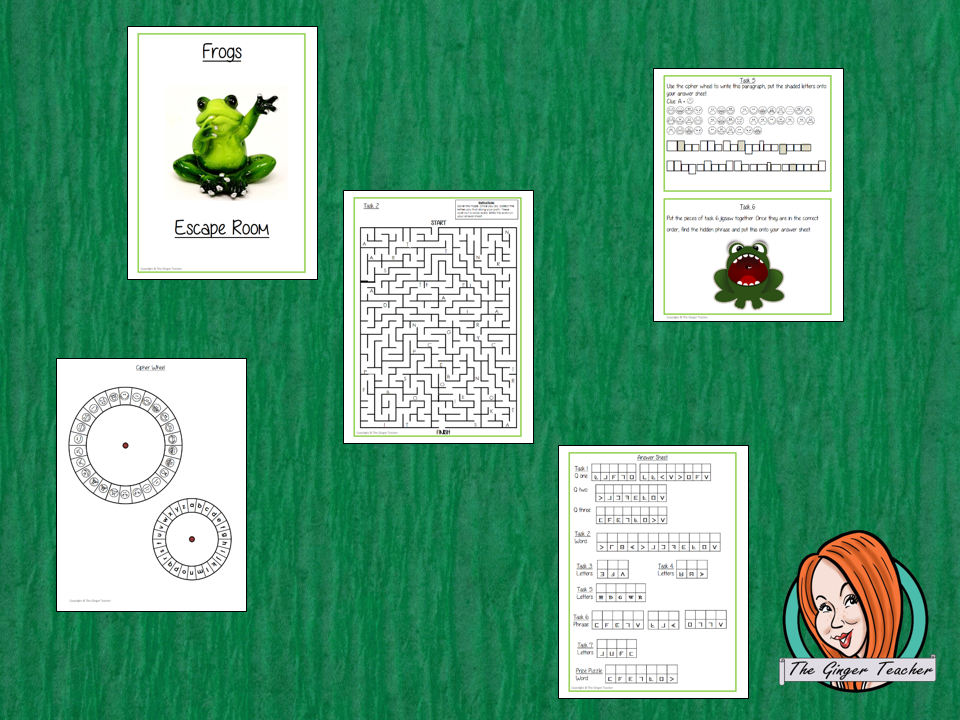 Frogs Escape Room Game     Try this escape room style game with your students today! This is a fun game that is perfect for teaching children about Frogs. This game focuses on students finding out facts and information and using these to solve puzzles. This helps them to learn.     This activity is great for the beginning of a topic to introduce information or at the end to recap.     Students are trying to help an alien understand Frogs and they must solve a series of clues, as well as decode different cip