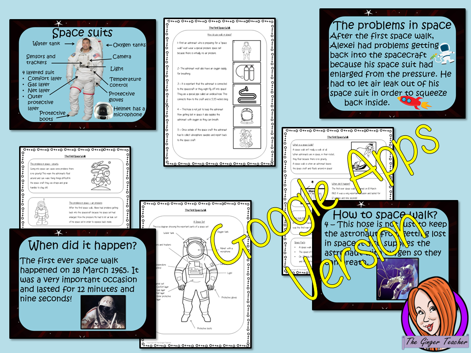 Distance Learning, The First Space Walk, Google Slides Lesson  The anniversary of the First Spacewalk is the 18th of March!  These resources include a complete lesson on the First Spacewalk. There is a detailed 41 slide presentation on the details of the walk and surviving in space. There are also differentiated, 4 page, spacewalk, Google Slides, worksheets to allow children to demonstrate understanding of the first spacewalk.  This is the Google Slides version of this lesson!