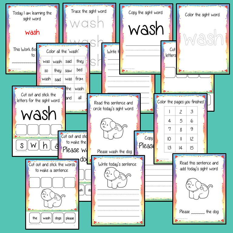 Sight word ‘wash’ 15 page workbook. Contains pages to learn the fry sight word ‘wash’, for learning the high frequency words. Contains handwriting practice, word practice, spelling and use in sentences. #sightwords # frywords #highfrequencywords