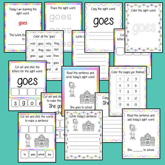 Sight word ‘goes’ 15 page workbook. Contains pages to learn the fry sight word ‘goes’, for learning the high frequency words. Contains handwriting practice, word practice, spelling and use in sentences. #sightwords # frywords #highfrequencywords