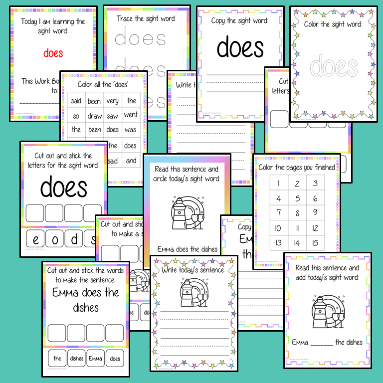 Sight word ‘does’ 15 page workbook. Contains pages to learn the fry sight word ‘does’, for learning the high frequency words. Contains handwriting practice, word practice, spelling and use in sentences. #sightwords # frywords #highfrequencywords