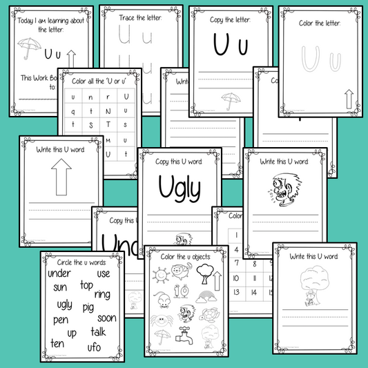 Alphabet Book Letter U Help your children practice recognizing and using U, with 15 pages of activities.     The 15 pages contain, copying, tracing, writing, coloring, reading and spotting the letter and sound U      