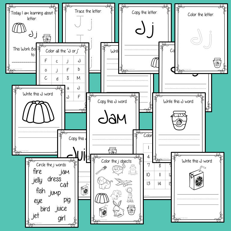 Alphabet Book Letter J    Help your children practice recognizing and using J, with 15 pages of activities.     The 15 pages contain, copying, tracing, writing, coloring, reading and spotting the letter and sound J      