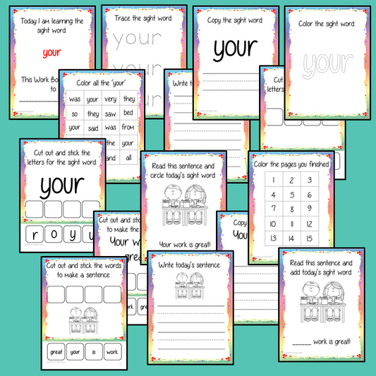 Sight word ‘your’ 15 page workbook. Contains pages to learn the fry sight word ‘your’, for learning the high frequency words. Contains handwriting practice, word practice, spelling and use in sentences. #sightwords # frywords #highfrequencywords