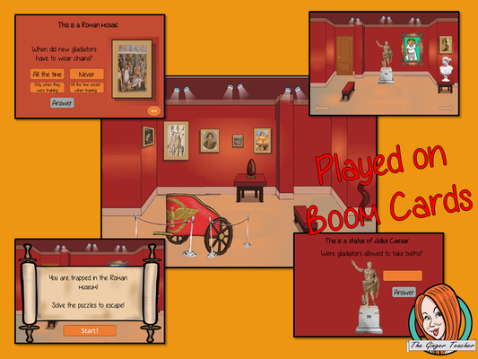 Roman gladiators escape Room Children can learn and practice gladiator facts with this fun digital escape room. Children will need to explore the museum answer questions and collect information to solve the puzzles and eventually escape. No printing required This game uses Boom Cards and you will need a Boom card account to play it which is free