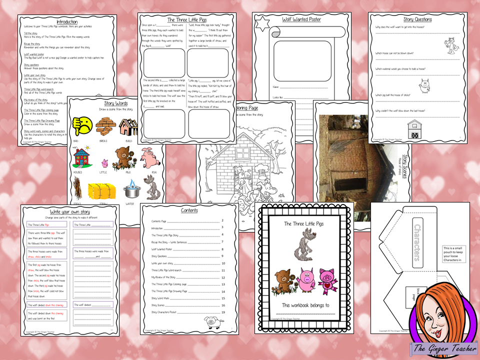 The Three Little Pigs 21 page workbook children will fill in missing words activity to help the class remember the order Side by side support page to help children rewrite the story changing parts Other activities create wanted posters answer comprehension questions, word search book review, drawing & coloring  Word bank with pictures & story scenes with characters to retell the story with props. Encourages kids to think about the story, to remember story points & to encourage own literacy