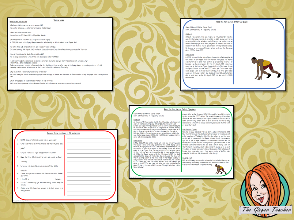 Great British Olympians Reading Comprehension Cards  Differentiated reading comprehension cards. Three levels of texts and questions to help children with reading comprehension. This text is on Great British Olympians and has questions to help children understand and draw meaning from the text.