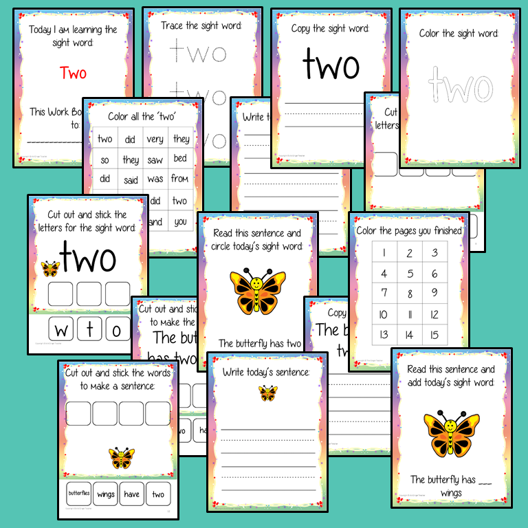Sight Word ‘Two’ 15 Page Workbook    Help your children practice their sight words with 15 pages of activities to spell and use the sight word ‘Two' in sentences.   The 15 pages contain, handwriting practice, tracing and spelling the word and sentence reading and construction.