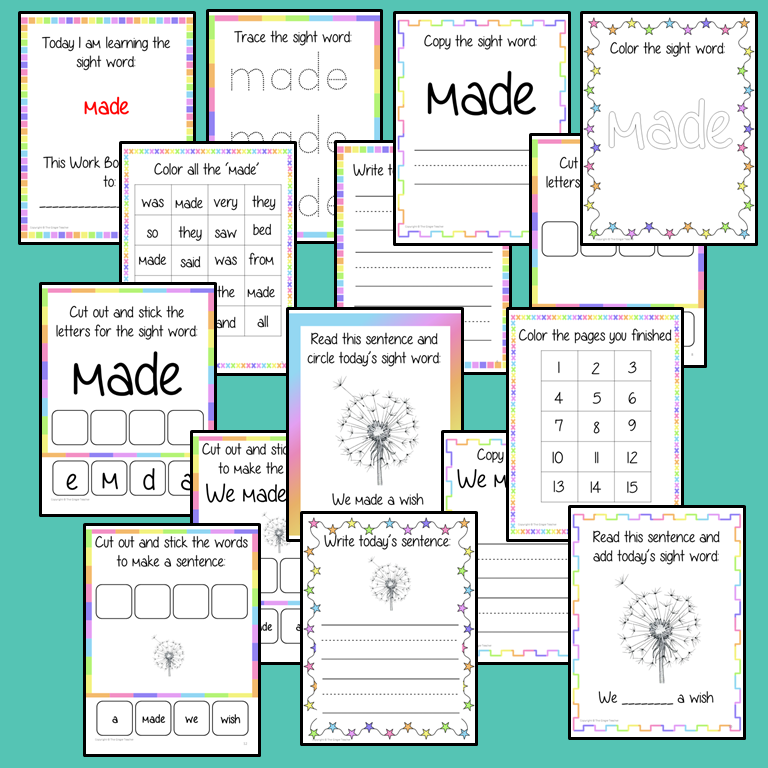 Sight word ‘made’ 15 page workbook. Contains pages to learn the fry sight word ‘made’, for learning the high frequency words. Contains handwriting practice, word practice, spelling and use in sentences. #sightwords # frywords #highfrequencywords