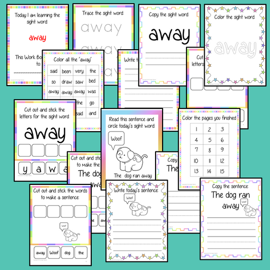 Sight word ‘away’ 15 page workbook. Contains pages to learn the fry sight word ‘away’, for learning the high frequency words. Contains handwriting practice, word practice, spelling and use in sentences. #sightwords # frywords #highfrequencywords
