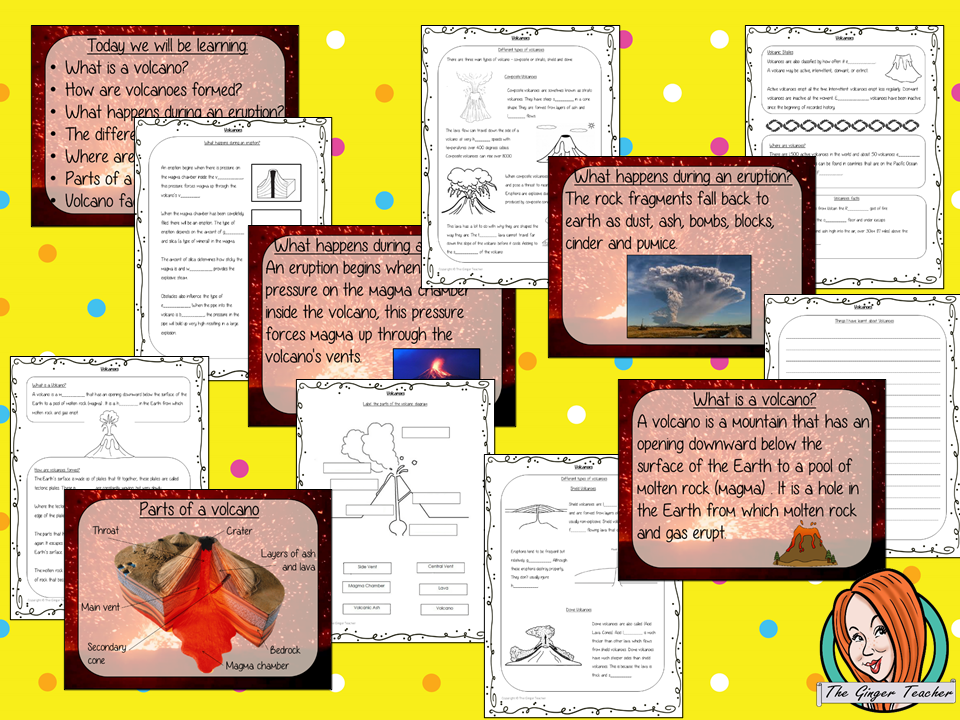 Volcanoes PowerPoint and Worksheets teaches children about the volcanoes in one complete lesson. Learn all about this natural disaster. 38 slide PowerPoint on what volcanoes are, how they are formed, the types of volcanoes, where they are, how they erupt and a look at the different parts of a volcano. There are also differentiated 9 page, volcano worksheets to allow students to demonstrate their understanding. This pack is great for teaching kids all about volcanoes as a natural disaster.