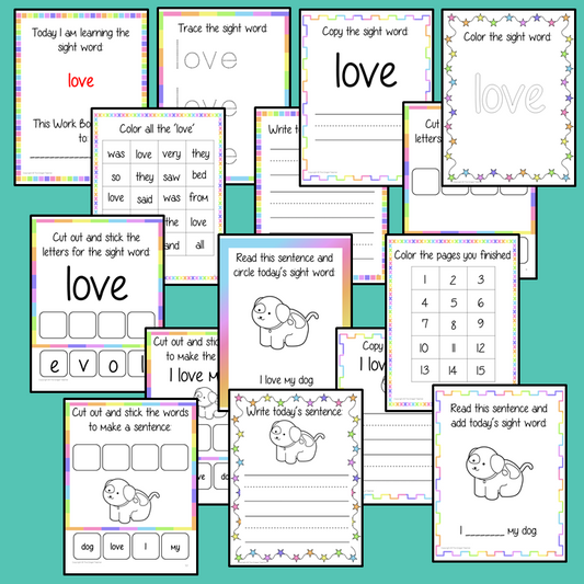 Sight word ‘love’ 15 page workbook. Contains pages to learn the fry sight word 'love’, for learning the high frequency words. Contains handwriting practice, word practice, spelling and use in sentences. #sightwords # frywords #highfrequencywords