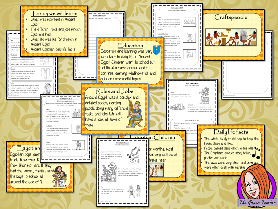 Ancient Egyptian Daily Life - Complete History Lesson This download is a complete resources lesson to teach children about the Ancient Egyptians lives.  The roles and jobs in Ancient Egyptian Society, How children lived and parts of life that were important. There is a 33 slide PowerPoint and 4 versions of worksheet to allow children to show understanding an activity to write a diary entry. #lessonplanning #ancientegyptians #egyptians #teaching #resources #historylessons #historyplanning