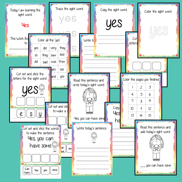Sight Word ‘Yes’ 15 Page Workbook Help your children practice their sight words with 15 pages of activities to spell and use the sight word ‘Yes’ in sentences.     The 15 pages contain, handwriting practice, tracing and spelling the word and sentence reading and construction.   