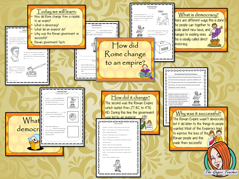 Ancient Romans Emperors and Government Complete History Lesson Teach children about Ancient Romans and their emperors. Complete lesson to teach children about the Roman government and emperors.  The children will learn how Rome changed from a republic to empire, what a democracy is, what an emperor did and why the Roman Empire was successful. PowerPoint 6-page worksheet to show their understanding #lessonplanning #ancientromans #romans #teaching #resources #historylessons #historyplanning