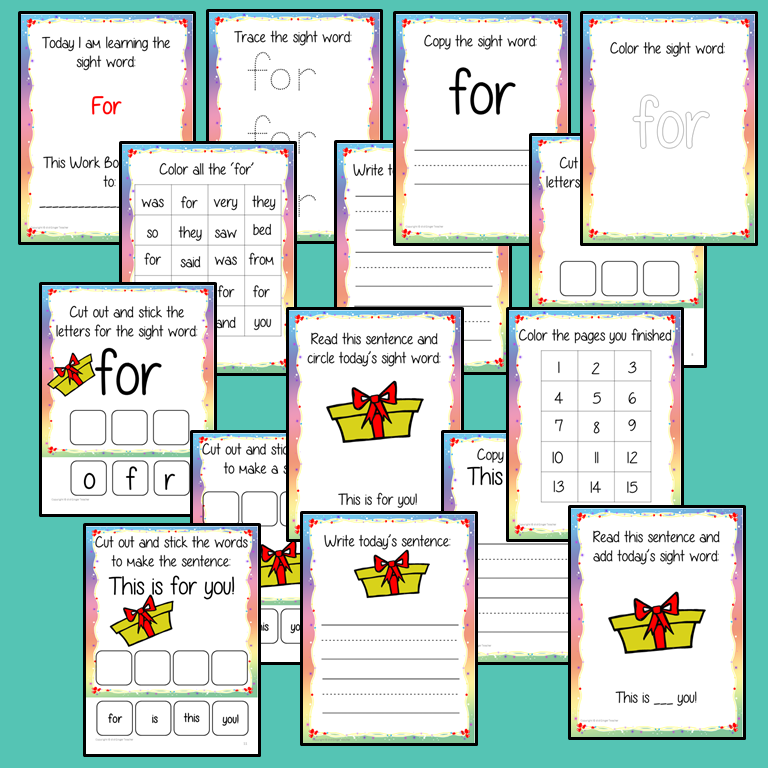 Sight Word ‘For’ 15 Page Workbook Help your children practice their sight words with 15 pages of activities to spell and use the sight word ‘For’ in sentences.     The 15 pages contain, handwriting practice, tracing and spelling the word and sentence reading and construction.