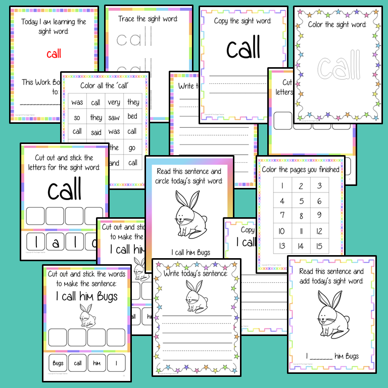 Sight word ‘call’ 15 page workbook. Contains pages to learn the fry sight word ‘call’, for learning the high frequency words. Contains handwriting practice, word practice, spelling and use in sentences. #sightwords # frywords #highfrequencywords