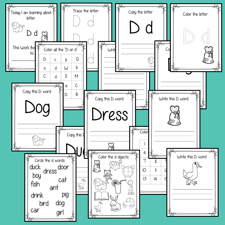 Alphabet Book Letter D Help your children practice recognizing and using D, with 15 pages of activities.     The 15 pages contain, copying, tracing, writing, coloring, reading and spotting the letter and sound D   
