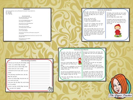 Little Red Riding Hood Reading Comprehension Cards Differentiated reading comprehension cards. Three levels of texts and questions to help children with reading comprehension. This text is on the story of Little Red Riding Hood and has questions to help children understand and draw meaning from the text. 