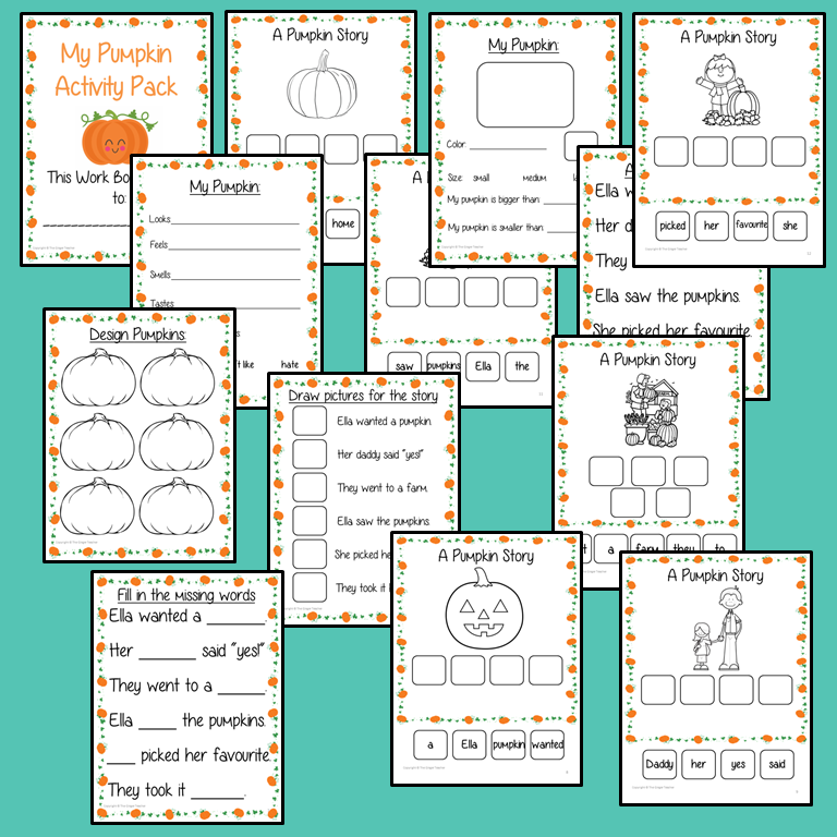 Pumpkin Activity Pack This fun 13 page workbook celebrates pumpkins! There are pages for the children to record information about their pumpkins, including how they smell, feel and taste. Then there is a short, easy to read, pumpkin story for the children to practice ordering and illustrating. #fall #autumn #pumpkins #October