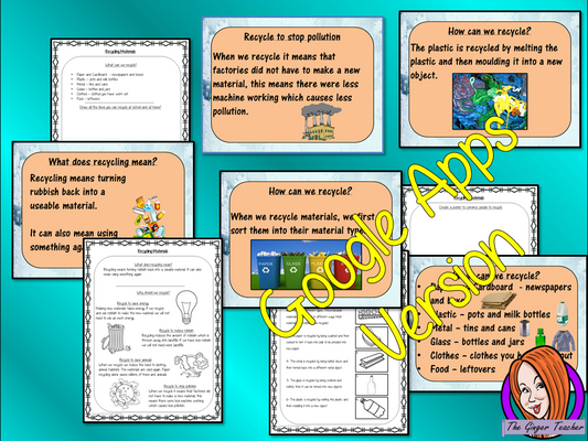 Distance Learning Recycling Materials Google Slides Lesson     This lesson includes a detailed presentation to explain how and why we Recycle Materials. There are also differentiated Google Slides worksheets to allow children to demonstrate understanding of the types of materials recycled and how the process happens.     This is the Google Slides version of this lesson!
