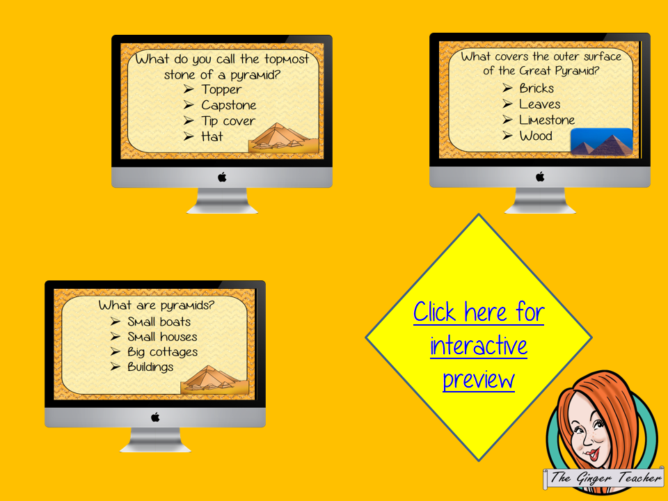 Ancient Egyptian Pyramids Revision Questions  This deck revises children’s knowledge of Ancient Egyptian Pyramids. There are multiple choice revision questions to check children’s understanding. These question cards are self-grading and lots of fun!