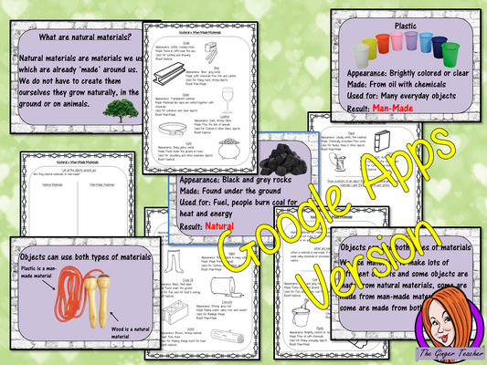 Distance Learning Natural vs. Man-Made Materials Google Slides Lesson     Natural vs. Man-Made Materials   This lesson includes a detailed presentation to explain different natural and man-made materials. There are also differentiated Google Slides worksheets to allow children to demonstrate understanding of the natural and man-made materials around them.  This is the Google Slides version of this lesson!