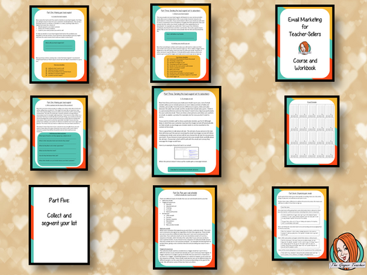 Teacher-Sellers Complete Course on Email Marketing complete course workbook on email marketing all the way through to a/b testing and selling with your list course book has 9 sections over 53 pages moves your marketing forward and develops your relationships with your customers Making your lead magnet Setting up your landing page Drive people to your opt in segment your list Plan your schedule Organize our emails Using data #teachersellers #tptemailmarketing #tptmarketing 