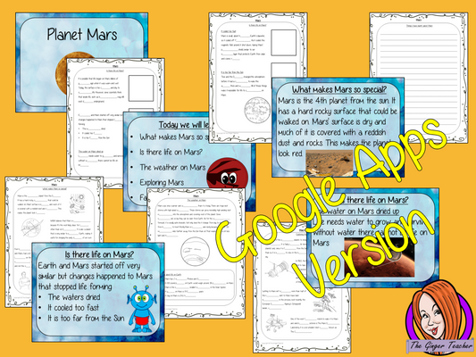 Distance Learning Planet Mars Google Slides Lesson  These resources teach children about the planet Mars in one complete lesson. There is a detailed 24 slide presentation on Mars, what makes it such a special planet, could there be live on Mars, looks at the weather on the planet Mars and discusses how humans have explored the planet. There are also differentiated, 6 page, Google Slides worksheets to allow students to demonstrate their understanding. This pack is great for teaching kids about the planet Mar
