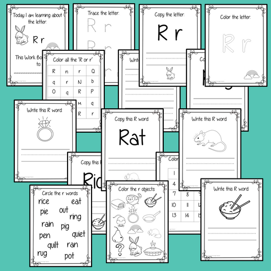 Alphabet Book Letter R    Help your children practice recognizing and using R, with 15 pages of activities.     The 15 pages contain, copying, tracing, writing, coloring, reading and spotting the letter and sound R      