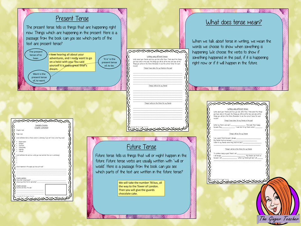 Using Verb Tenses; Complete Lesson  – Gangsta Granny The lesson focuses on how to write in the correct tense.  Children will read and discuss the chapter. There is a detailed PowerPoint to ensure understanding. The class will write recounts in different tenses and then the children will use writing frames and cloze sheets to create their own. There’s a short chapter summary sheet for children to complete to reflect on the chapter read. #lessonplans #bookstudy #teachingideas #readingactivities