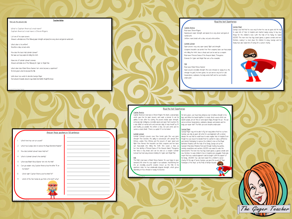 Superheroes Reading Comprehension Cards Differentiated reading comprehension cards. Three levels of texts and questions to help children with reading comprehension. This text is on the Superheroes and has questions to help children understand and draw meaning from the text.
