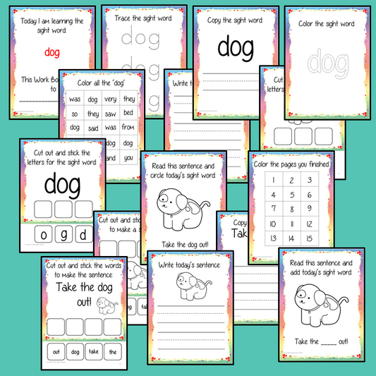 Sight Word ‘Dog’ 15 Page Workbook Help your children practice their sight words with 15 pages of activities to spell and use the sight word ‘Dog’ in sentences.     The 15 pages contain, handwriting practice, tracing and spelling the word and sentence reading and construction.