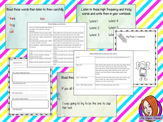 Phonics  Phase 5 Complete Unit of Lessons this download includes three weeks of phonics lessons for phase 5. Fifteen full lessons each with PowerPoints, lesson structure and workbook pages. Tricky sight words and high frequency words are practiced alongside the sounds and sound words. Audio is included in the PowerPoints to allow children to practice writing. Each lesson has silly sentences to make the learning fun. #teaching #phonics #reading #phase5 #jollyphonics #phonicslessons #lessons