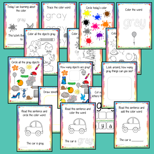 Color ‘Gray’ 16 Page Workbook Help your children practice recognizing and writing the color Gray, with 15 pages of activities to select and color. The 15 pages contain, object coloring, tracing, spelling the color word and picking out the Gray objects. #learncolors #teachcolors #gray #grey