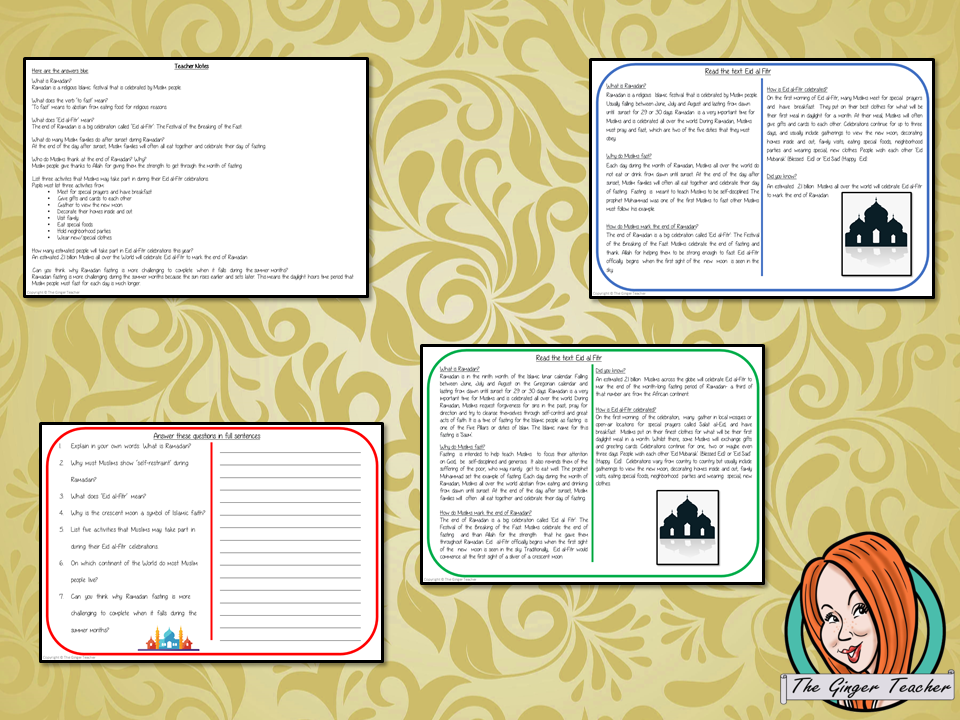 Eid al Fitr Reading Comprehension Cards Differentiated reading comprehension cards. Three levels of texts and questions to help children with reading comprehension. This text is on Eid al Fitr and has questions to help children understand and draw meaning from the text.