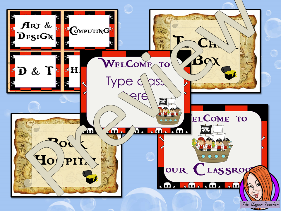 Pirate Themed Classroom Signs This download includes fun pirate themed classroom signs. These are great for teachers and kids to have a pirate room and add extra pirate to your room. This download includes: - Book hospital sign - Teacher box sign  - Welcome to our class sign - Editable welcome sign - 16 subject box labels #classroomthemes #teachingideas #pirateclassroom