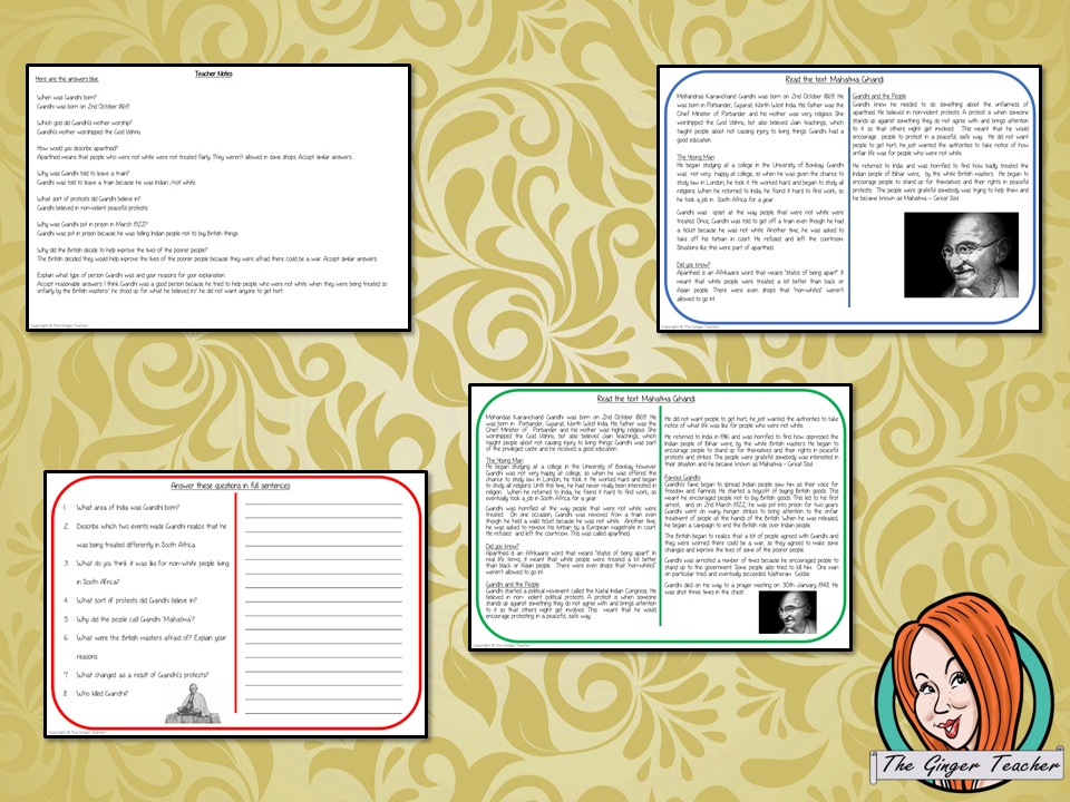 Mahatma Ghandi Reading Comprehension Cards  Differentiated reading comprehension cards. Three levels of texts and questions to help children with reading comprehension. This text is on Mahatma Ghandi and has questions to help children understand and draw meaning from the text.