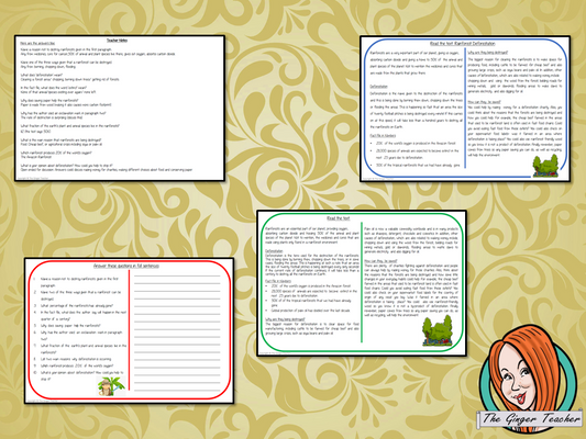 Rainforest Deforestation Reading Comprehension Cards  Differentiated reading comprehension cards. Three levels of texts and questions to help children with reading comprehension. This text is on Rainforest Deforestation and has questions to help children understand and draw meaning from the text.