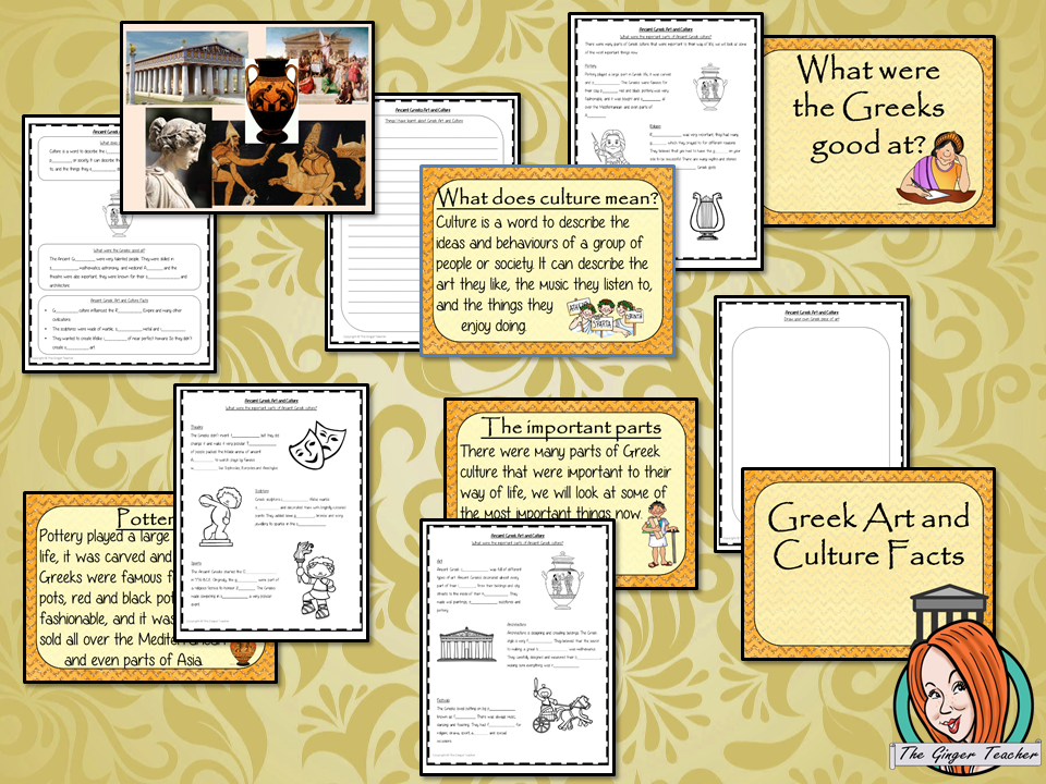 Ancient Greeks Art and culture Complete History Lesson Teach children about Ancient Greeks and their art and culture. This download is a complete lesson to teach children about the different art and culture of the Ancient Greeks. detailed 29 slide PowerPoint and 4 versions of the 6-page worksheet to show understanding an activity #lessonplanning #ancientGreeks #Greeks #teaching #resources #historylessons #historyplanning