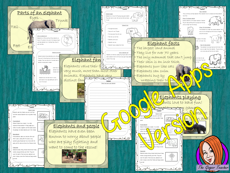 Distance Learning Elephants Google Slides Lesson  Learn all about Elephants  This lesson teaches children about Elephants. There is a detailed 50 slide Elephant presentation on: where Elephants are from, details about the how they spend their time, information about how they eat, a look at the different types of Elephants and a brief look at the parts of an Elephant. There are Elephant facts for kids and also differentiated, 7 page, Elephants, Google Slides, worksheets to allow children to demonstrate their