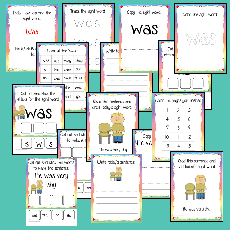 Sight Word ‘Was’ 15 Page Workbook Help your children practice their sight words with 15 pages of activities to spell and use the sight word ‘Was’ in sentences.     The 15 pages contain, handwriting practice, tracing and spelling the word and sentence reading and construction.   