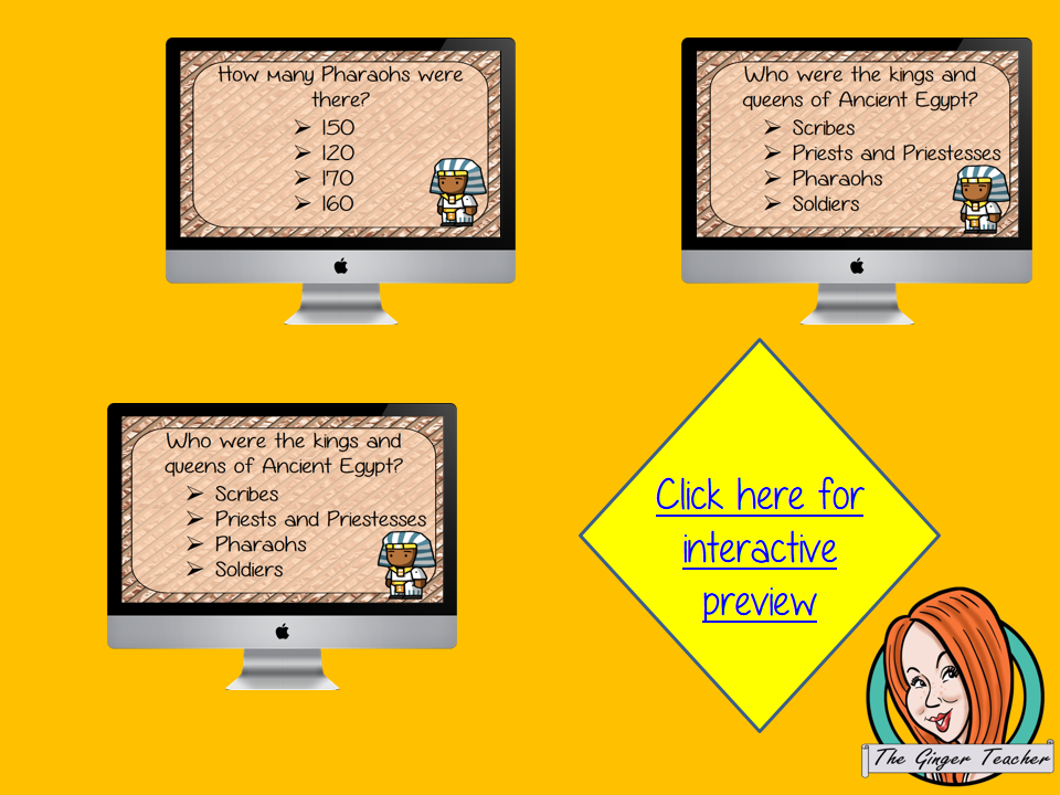 Ancient Egyptian Pharaohs Revision Questions  This deck revises children’s knowledge of Ancient Egyptian Pharaohs. There are multiple choice revision questions to check children’s understanding. These question cards are self-grading and lots of fun!