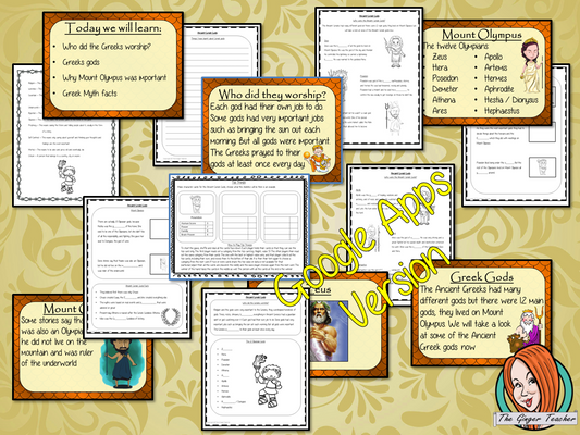 Distance Learning Ancient Greek Religion and Gods Complete Google Slides Lesson    Teach children about the religion and gods of the Ancient Greeks. This is a complete lesson to teach children about the religion in the Ancient Greek civilization. The children will learn who the Greeks worshipped, the different types of gods and why Mount Olympus was important. There is a detailed 28 slide Ancient Greeks presentation and four versions of the 7-page Greek religions Google slides worksheet to allow children to